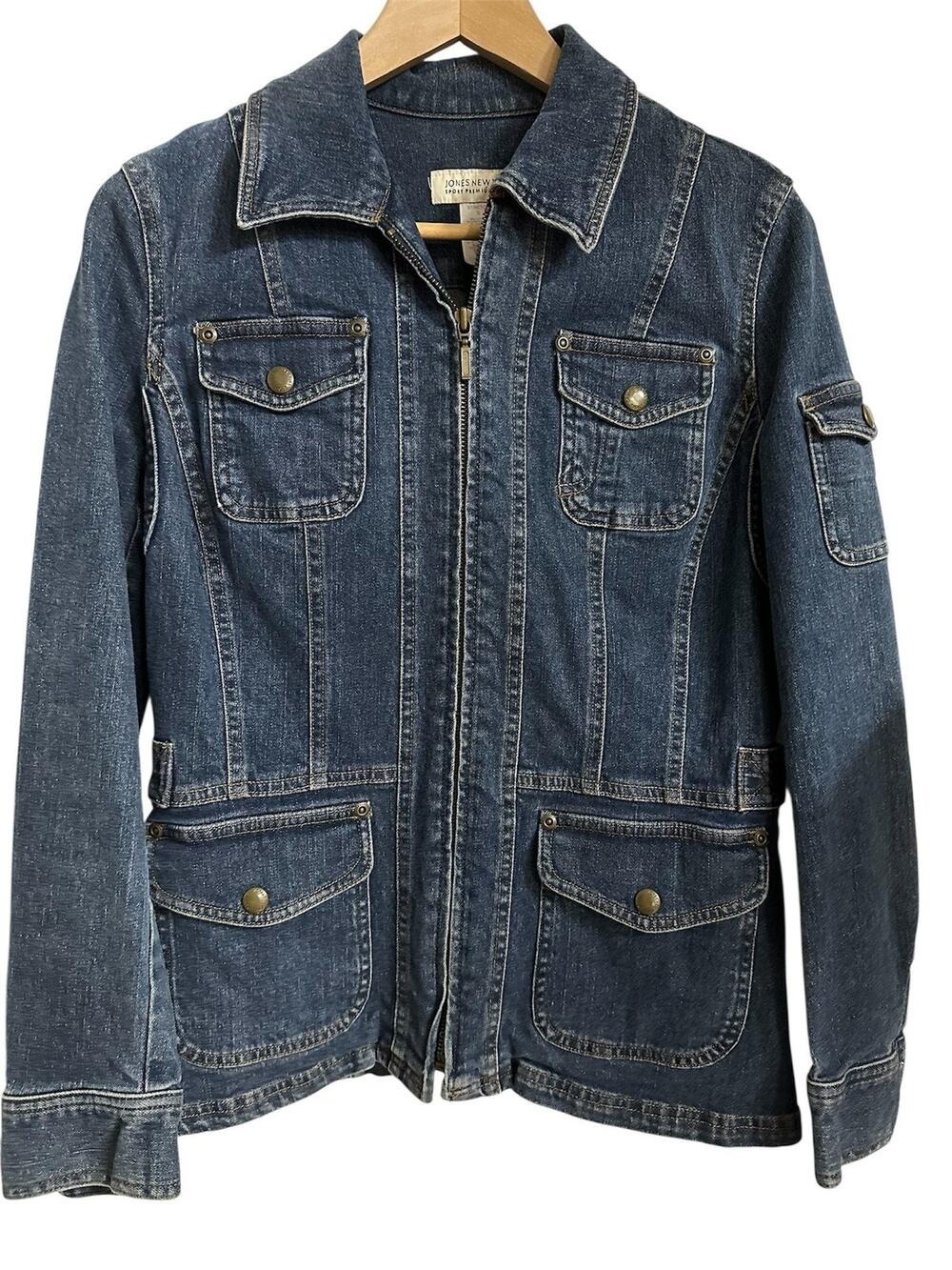 Jones New York Jacket vintage Womens S Denim Military Utility Full Zip Pockets